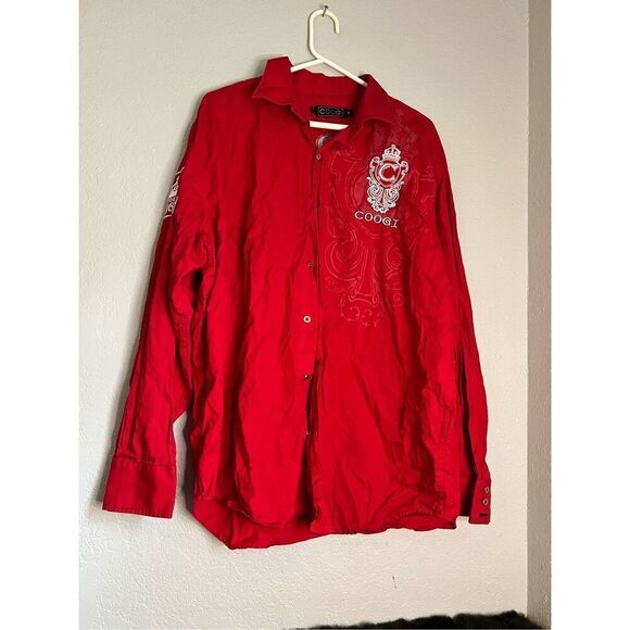 Coogi Shirt Mens XXL Red Cotton Button Up Long Sleeve Embroidered Logo Patches - Picture 1 of 8